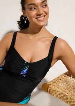 bonprix bonprix Bañador con efecto moldeador medio e insertos estampados Negro Online
