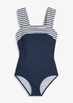 bonprix bonprix Bañador con efecto moldeador medio y tirantes anchos azul marino-blanco con rayas New