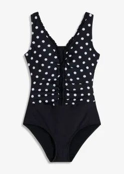 bonprix bonprix Bañador con efecto moldeador medio y fruncido negro - blanco topos Clearance