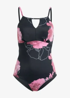 bonprix bonprix Bañador con efecto moldeador medio y abertura en el escote Negro-rosa