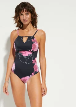 bonprix bonprix Bañador con efecto moldeador medio y abertura en el escote Negro-rosa