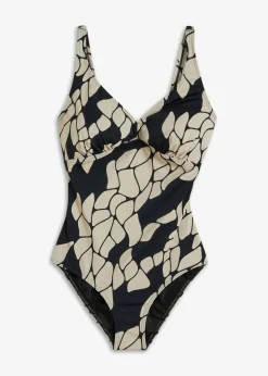 bonprix bonprix Bañador con efecto moldeador medio y escote en V Negro-beige Online