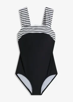 bonprix bonprix Bañador con efecto moldeador medio y tirantes anchos Negro-blanco con rayas
