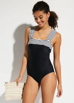 bonprix bonprix Bañador con efecto moldeador medio y tirantes anchos Negro-blanco con rayas