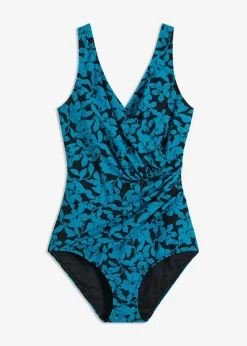 bonprix bonprix Bañador con efecto moldeador medio y efecto cruzado Negro-turquesa con flores Outlet