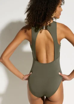 bonprix bonprix Bañador con escote pronunciado en la espalda Verde oliva oscuro Clearance