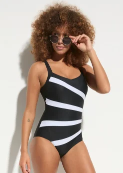 bonprix bonprix Bañador con gran efecto moldeador e insertos Negro-blanco con rayas Clearance