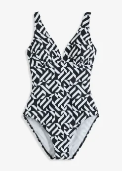 bonprix bonprix Bañador con ligero efecto moldeador y escote en V Negro-blanco Best