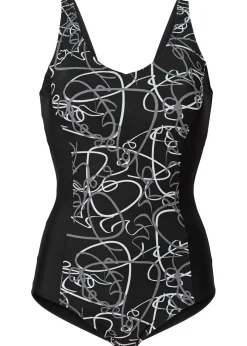 bonprix bonprix Bañador con ligero efecto moldeador y escote en V Negro-gris-blanco
