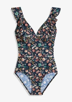 bonprix bonprix Bañador con ligero efecto moldeador y volantes Azul marino de flores Sale