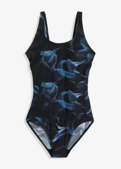 bonprix bonprix Bañador con ligero efecto moldeador y fruncido Negro-verde oscuro con estampado gráfico Best