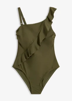 bonprix bonprix Bañador con un hombro al descubierto y tirantes desmontables Verde oliva oscuro Clearance