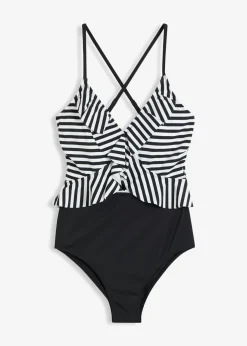 bonprix bonprix Bañador con volante Negro-blanco de rayas