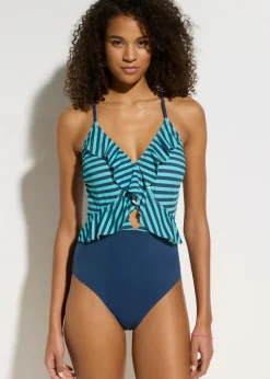 bonprix bonprix Bañador con volante Azul almirante/celeste claro de rayas Discount
