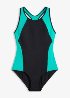 bonprix bonprix Bañador deportivo de material de secado rápido con espalda nadadora negro-esmeralda Sale