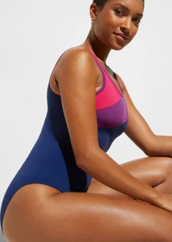 bonprix bonprix Bañador deportivo de secado rápido con inserto de contraste azul marino/lila/rosa Sale