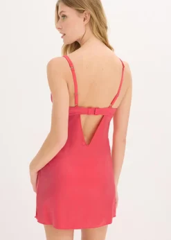 bonprix bonprix Babydoll de tejido brillante con bordado floral brillante rosa coral Outlet