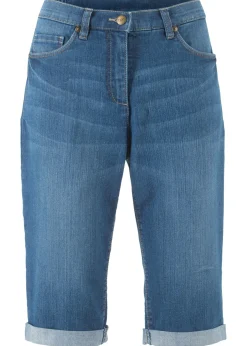 bonprix bonprix Bermudas vaqueras, elásticas, con bajo enrollado Vaquero azul New