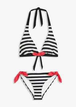 bonprix bonprix Bikini halter con cordones para anudar (2 piezas) Negro-blanco a rayas Clearance