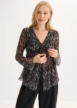 bonprix bonprix Blusa ajustada de malla Negro-marrón de leopardo Sale
