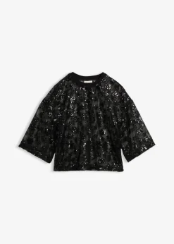 bonprix bonprix Blusa ancha con lentejuelas de calidad Negro Discount