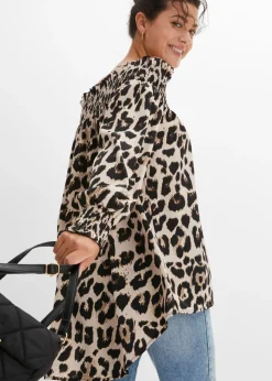 bonprix bonprix Blusa asimétrica Beige tiza-marrón con estampado de leopardo New