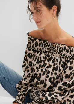 bonprix bonprix Blusa asimétrica Beige tiza-marrón con estampado de leopardo New
