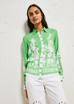 bonprix bonprix Blusa asimétrica de viscosa fluida Verde vibrante/blanco estampado Clearance
