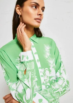 bonprix bonprix Blusa asimétrica de viscosa fluida Verde vibrante/blanco estampado Clearance