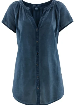 bonprix bonprix Blusa cold-dye de manga corta en algodón sostenible Azul marino Sale