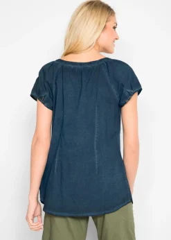 bonprix bonprix Blusa cold-dye de manga corta en algodón sostenible Azul marino Sale