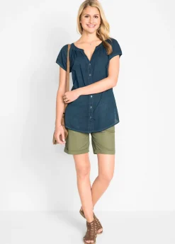 bonprix bonprix Blusa cold-dye de manga corta en algodón sostenible Azul marino Sale