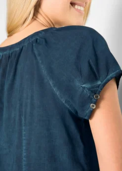 bonprix bonprix Blusa cold-dye de manga corta en algodón sostenible Azul marino Sale