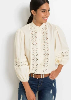 bonprix bonprix Blusa con encaje de mezcla suave de viscosa Blanco-crema Best