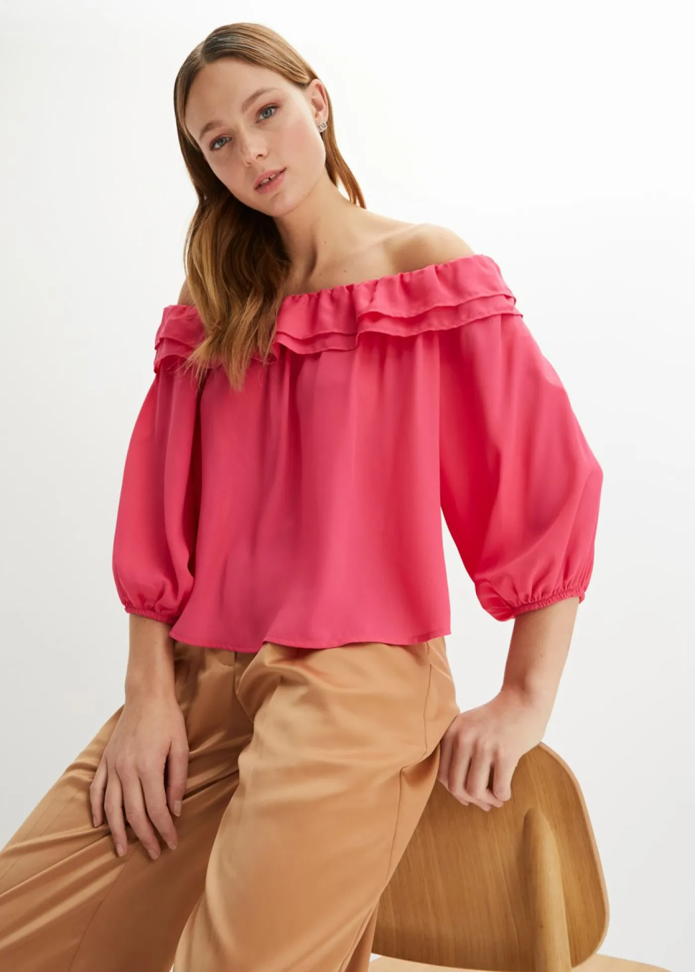 bonprix bonprix Blusa con escote bañera Rosa oscuro Discount