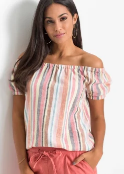 bonprix bonprix Blusa con escote bañera Rojo-beige de rayas Sale