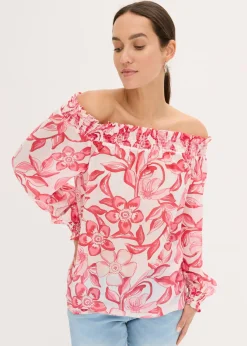 bonprix bonprix Blusa con escote bañera estampada blanco - rosa caliente Online