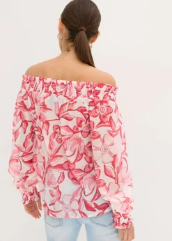 bonprix bonprix Blusa con escote bañera estampada blanco - rosa caliente Online