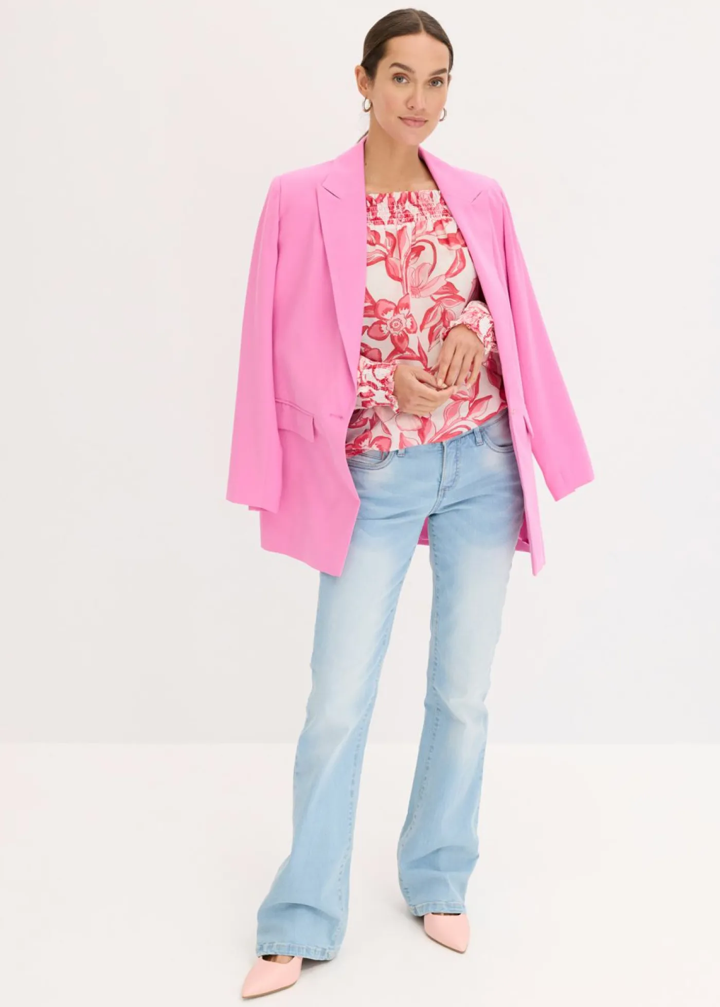 bonprix bonprix Blusa con escote bañera estampada blanco - rosa caliente Online