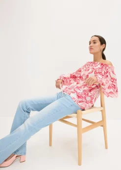 bonprix bonprix Blusa con escote bañera estampada blanco - rosa caliente Online