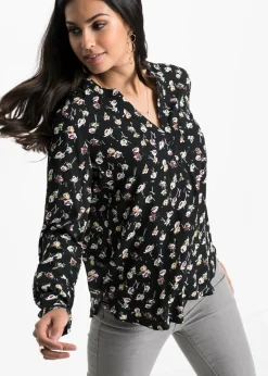 bonprix bonprix Blusa con escote en V Negro de flores Hot