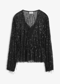bonprix bonprix Blusa con lentejuelas y flecos Negro Clearance