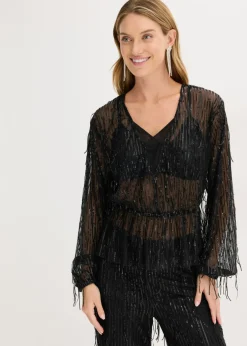 bonprix bonprix Blusa con lentejuelas y flecos Negro Clearance