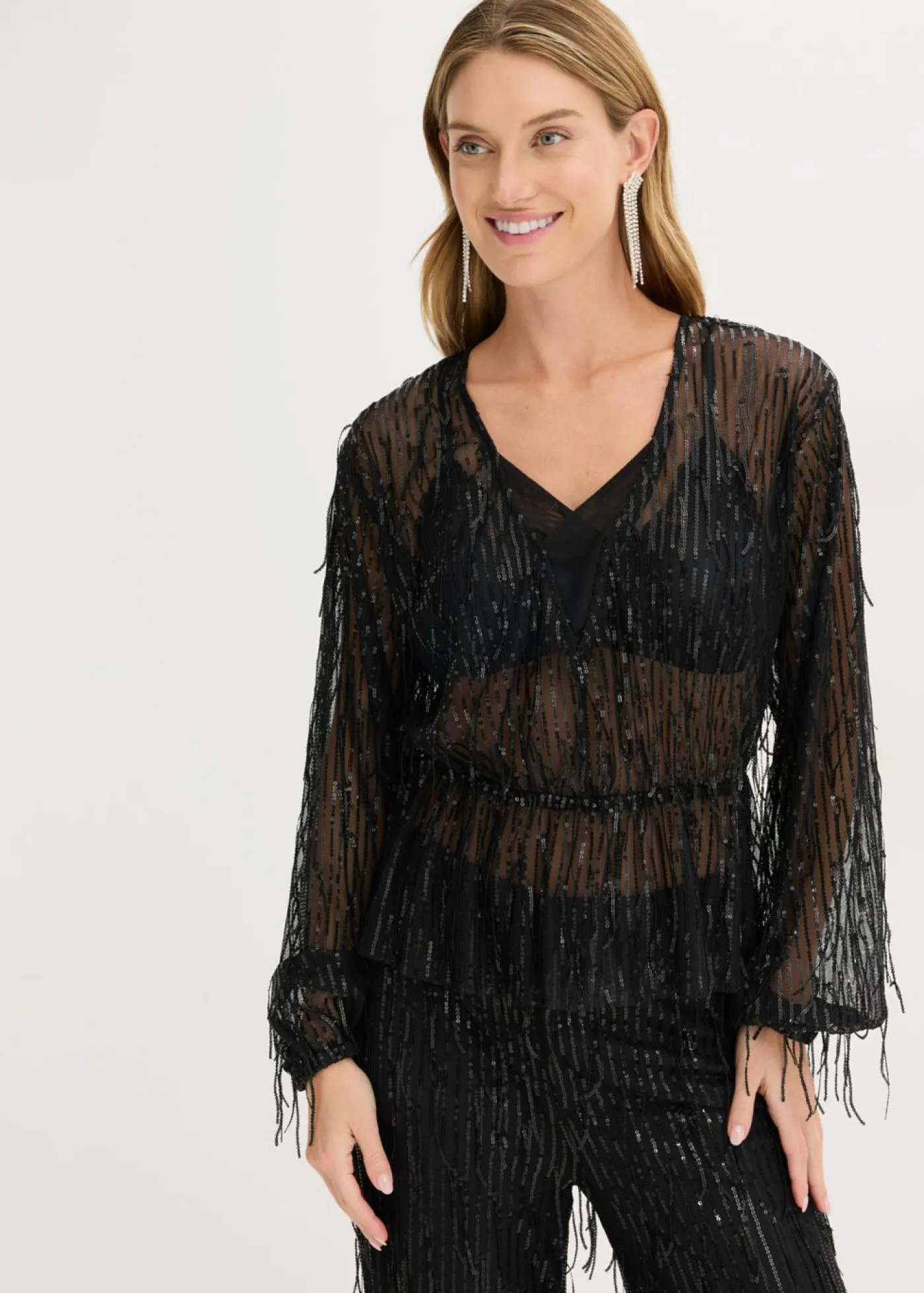 bonprix bonprix Blusa con lentejuelas y flecos Negro Clearance