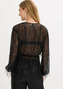 bonprix bonprix Blusa con lentejuelas y flecos Negro Clearance