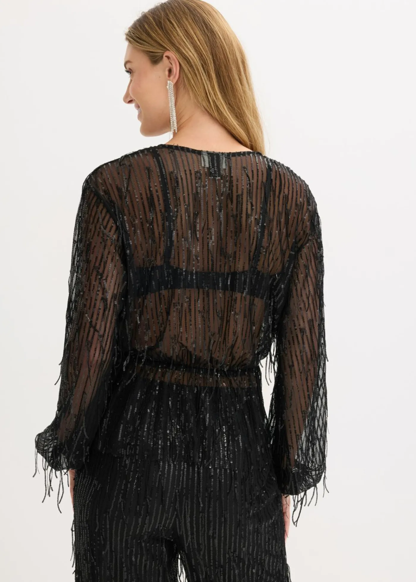 bonprix bonprix Blusa con lentejuelas y flecos Negro Clearance