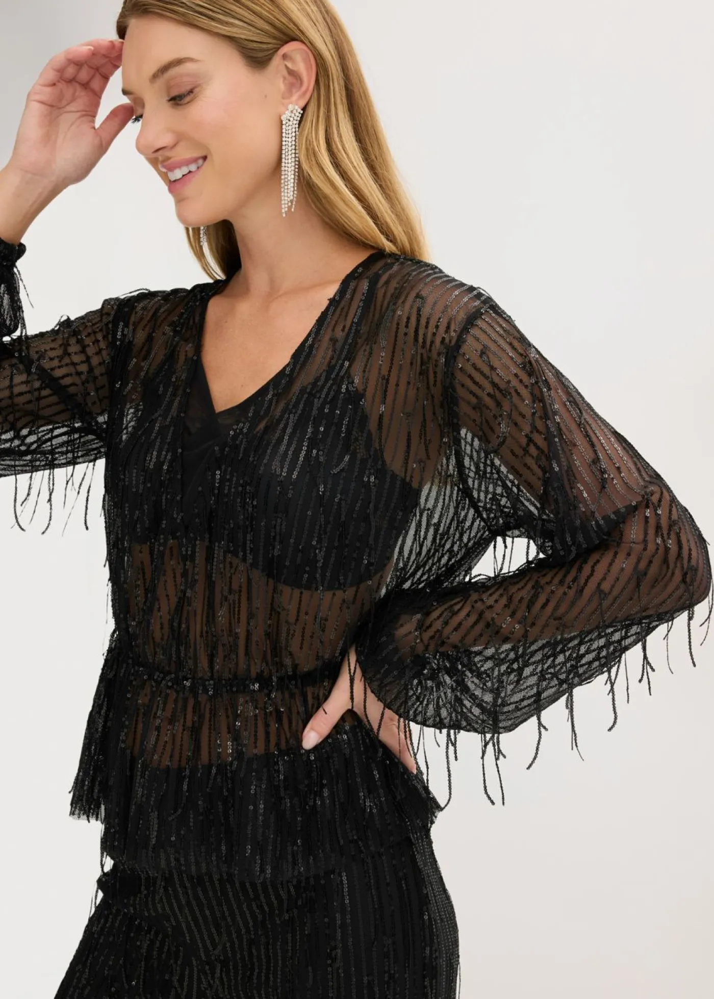 bonprix bonprix Blusa con lentejuelas y flecos Negro Clearance