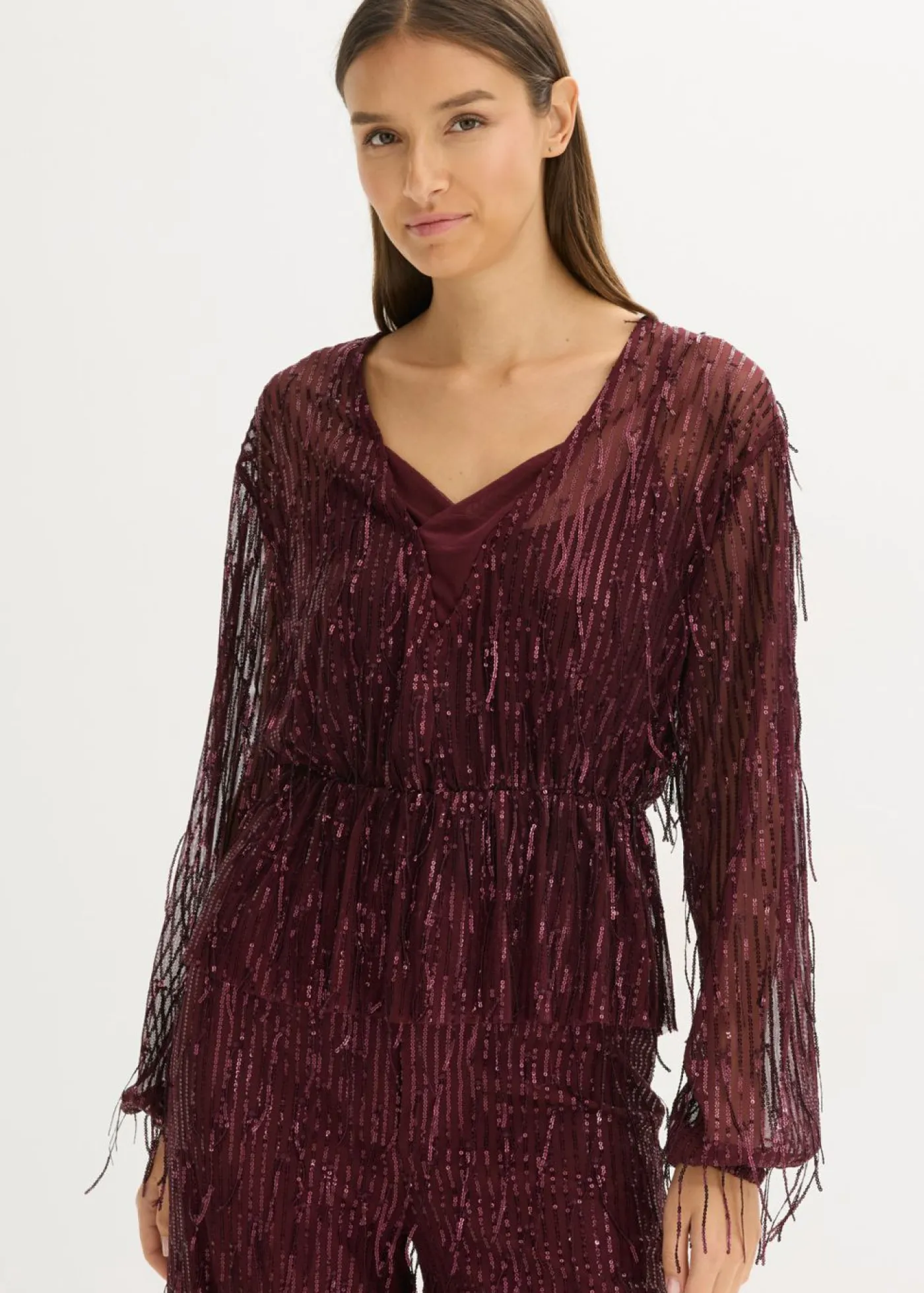 bonprix bonprix Blusa con lentejuelas y flecos rojo burdeos New