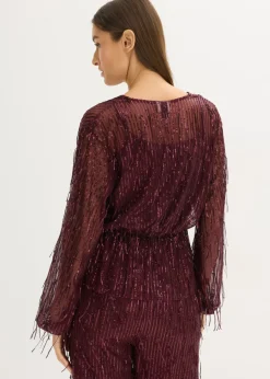 bonprix bonprix Blusa con lentejuelas y flecos rojo burdeos New