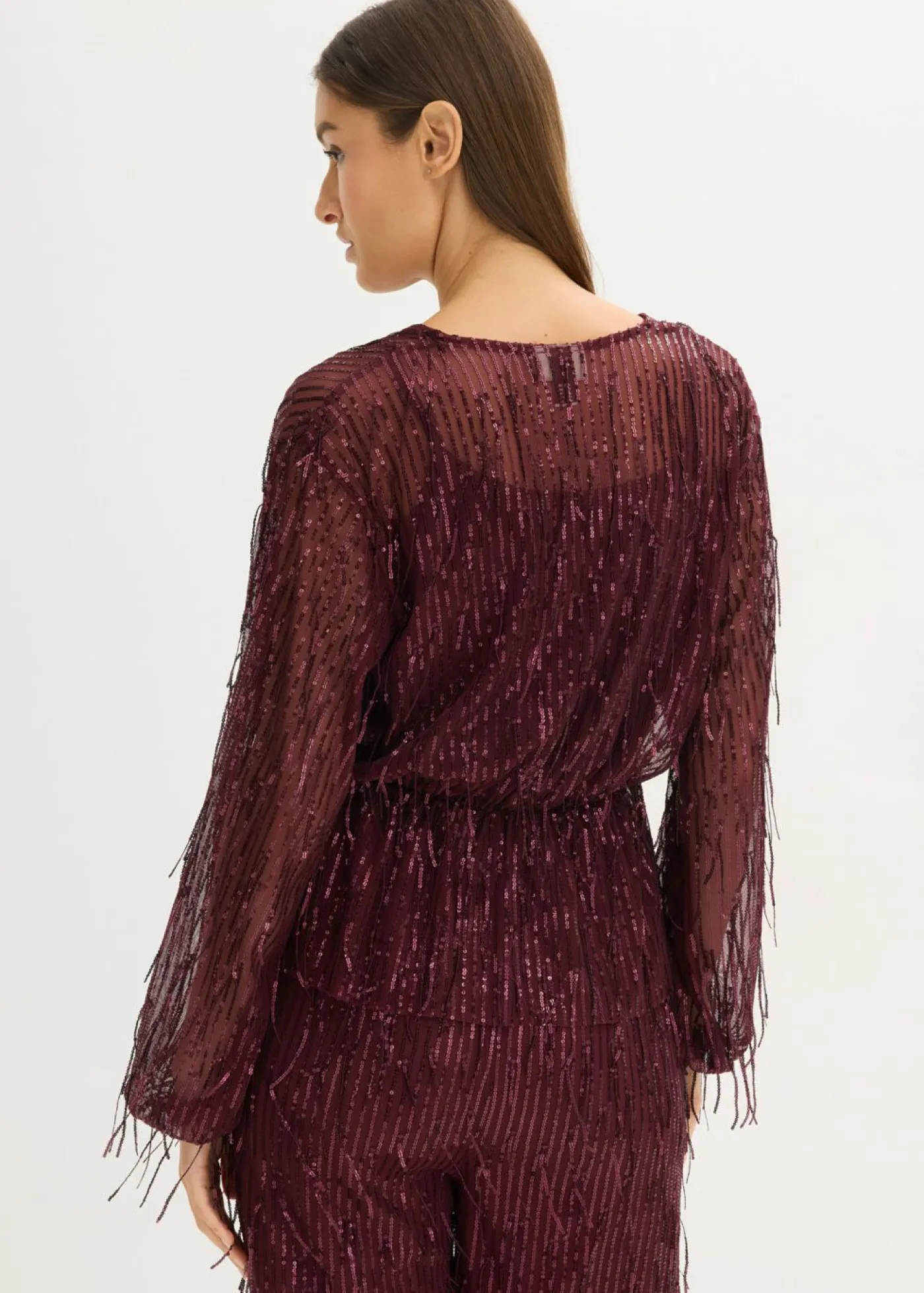 bonprix bonprix Blusa con lentejuelas y flecos rojo burdeos New